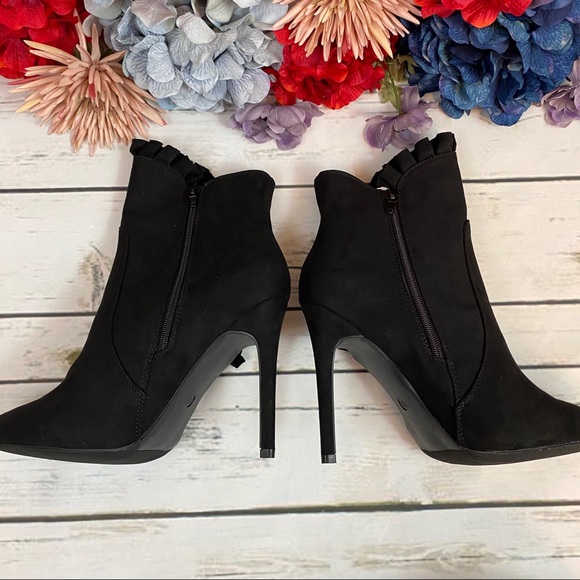 Black Faux Suede Victorian Heeled Bootie - Picture 7 of 11